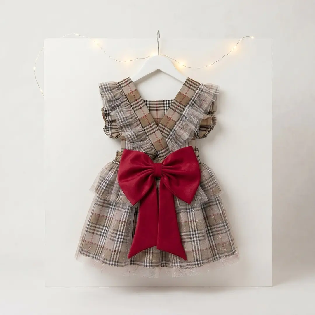 Vestido/Fofo Constança c/tule #XadrezBege com laço Rabo de Peixe #Vermelho 1