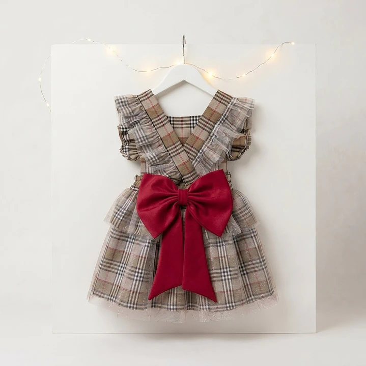 Vestido/Fofo Constança c/tule #XadrezBege com laço Rabo de Peixe #Vermelho 1