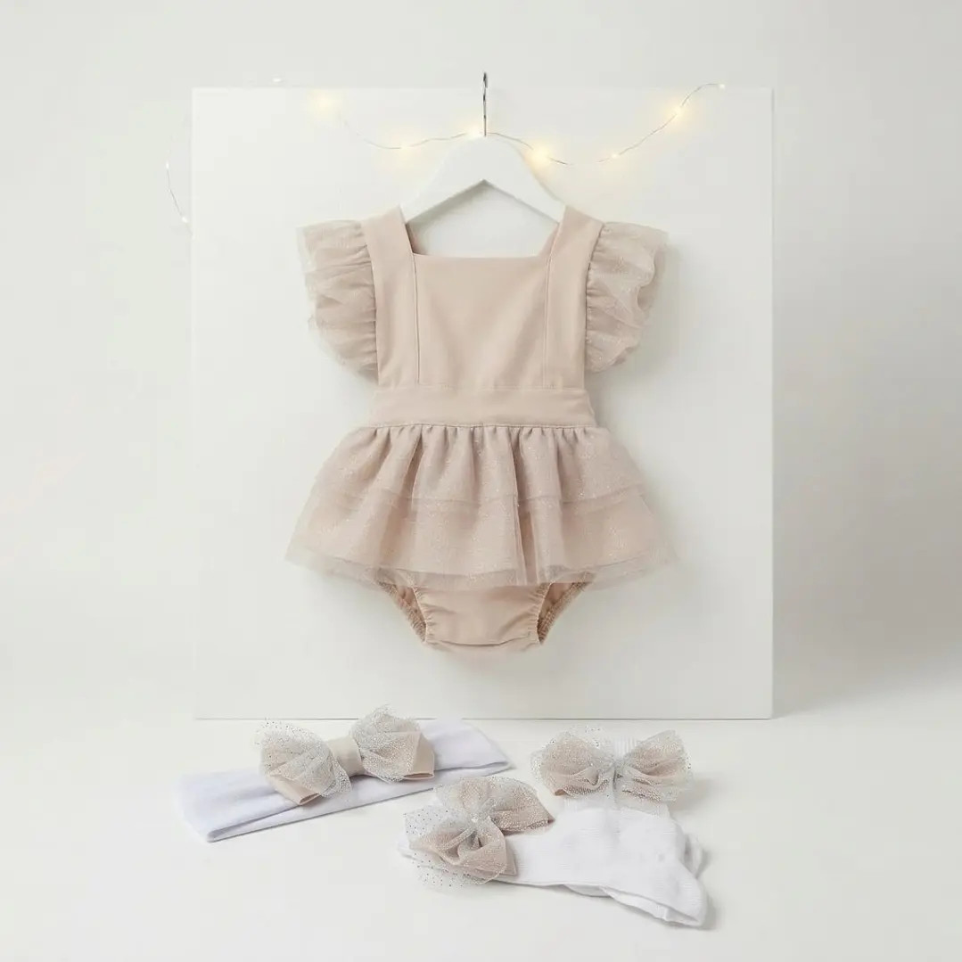 Vestido/Fofo Constança c/tule #Bege com laço Rabo de Peixe #Bege 2