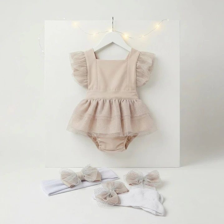 Vestido/Fofo Constança c/tule #Bege com laço Rabo de Peixe #Bege 2