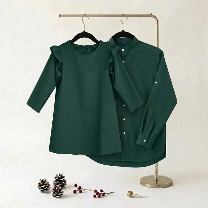Match Família #VerdeGarrafa | Vestido c/ Laço Rabo de Peixe Menina + Vestido c/ Laço Rabo de Peixe Mulher + Camisa Homem 1