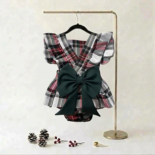 Vestido/Fofo Constança sem tule #XadrezBranco com laço Rabo de Peixe #VerdeGarrafa