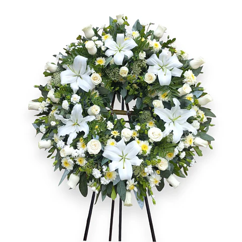 Corona Redonda Funeraria - Rosas, Liliums y Helechos