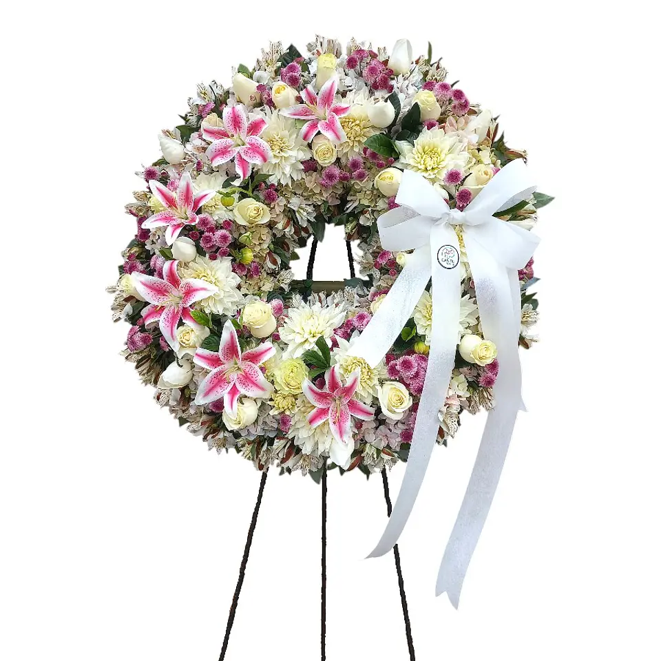 Corona Redonda Funeraria - Rosas Blancas y Liliums Fucsias 2