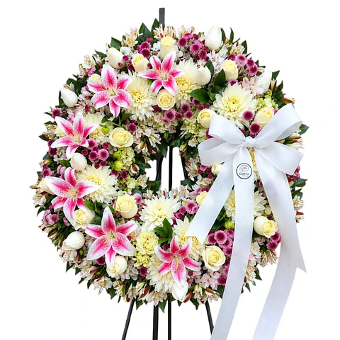 Corona Redonda Funeraria - Rosas Blancas y Liliums Fucsias