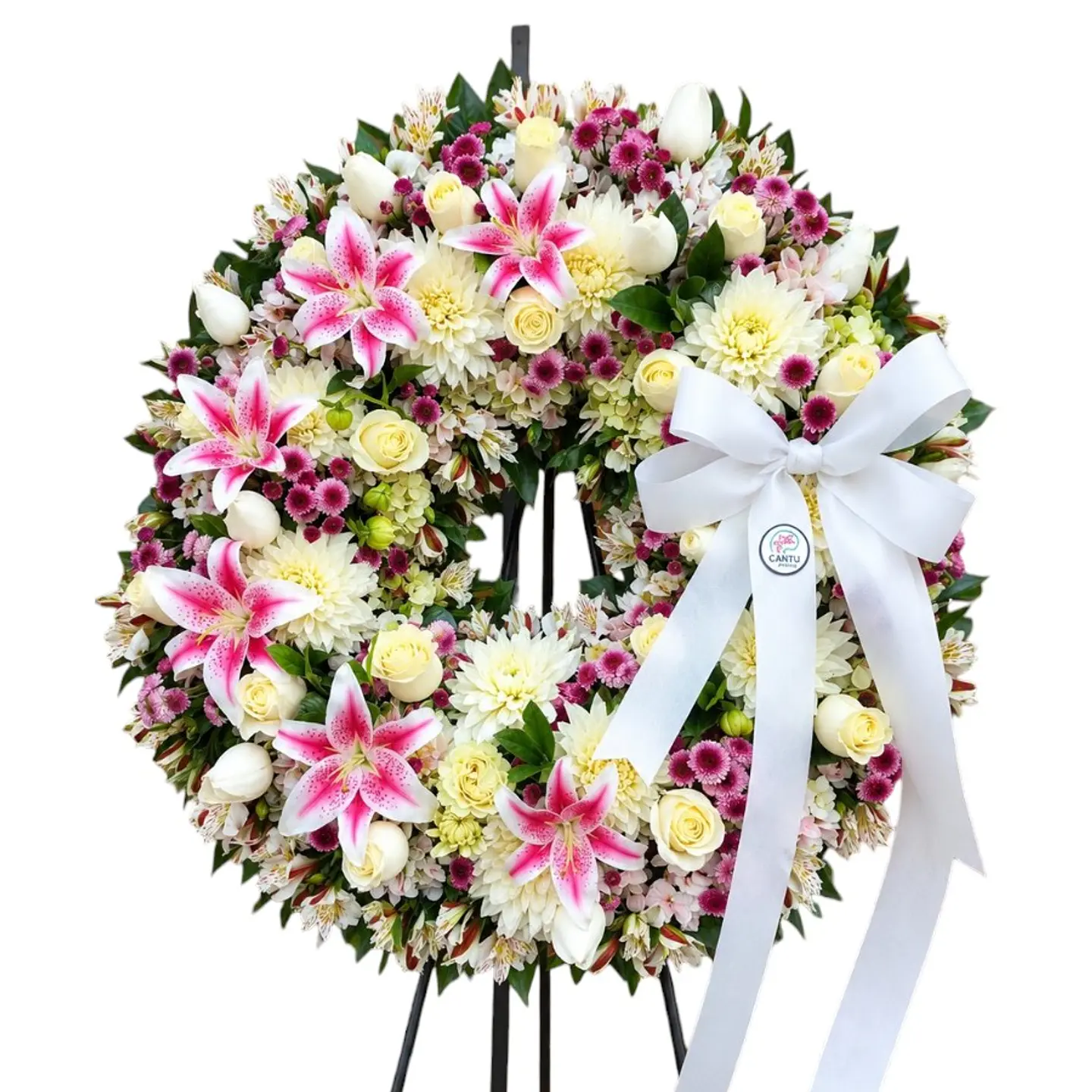 Corona Redonda Funeraria - Rosas Blancas y Liliums Fucsias 1