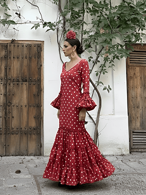 VESTIDO CARMEN ROJO LUNAR BLANCO