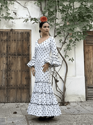 VESTIDO CARMEN BLANCO LUNAR NEGRO