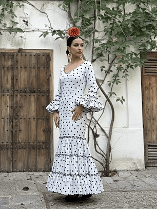 VESTIDO CARMEN BLANCO LUNAR NEGRO