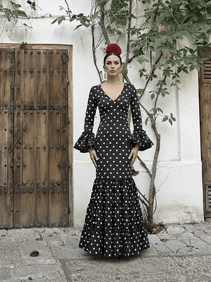 VESTIDO CARMEN NEGRO LUNAR BLANCO 