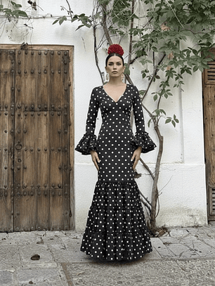 VESTIDO CARMEN NEGRO LUNAR BLANCO 