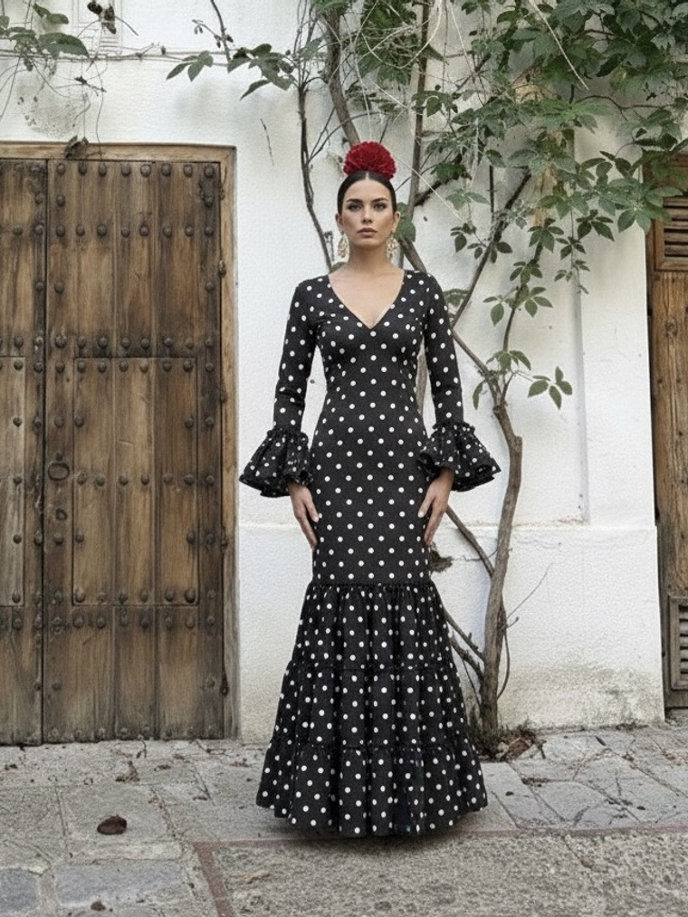 VESTIDO CARMEN NEGRO LUNAR BLANCO  2