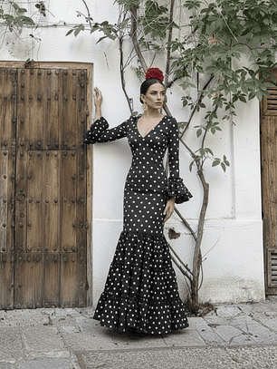 VESTIDO CARMEN NEGRO LUNAR BLANCO 