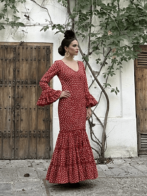 VESTIDO CARMEN ROJO LUNAR BLANCO MEDIANO