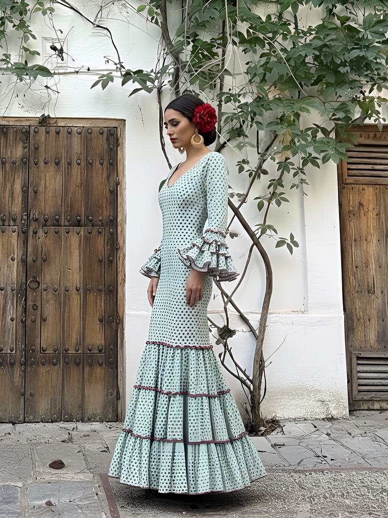 VESTIDO CARMEN VERDE AGUA LUNAR ROJO 1