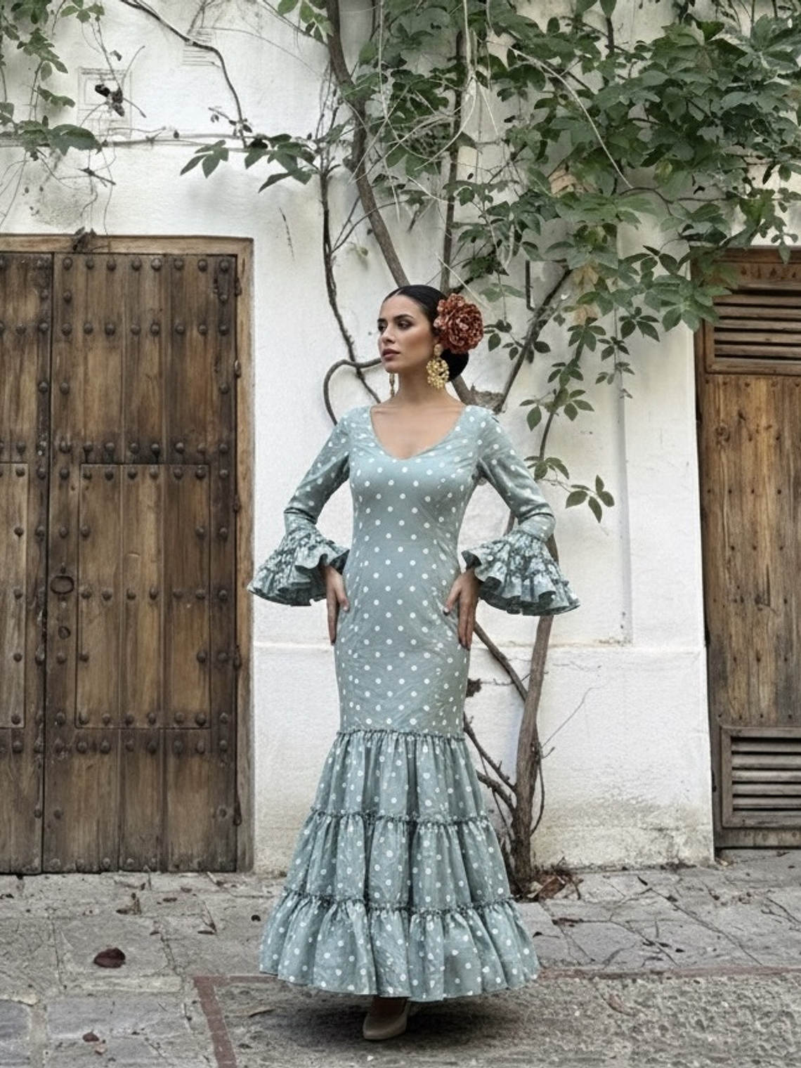 VESTIDO CARMEN VERDE JABONOSO LUNAR BLANCO 1