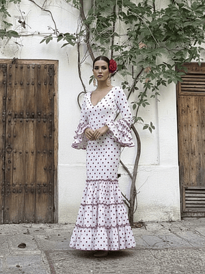 VESTIDO CARMEN BLANCO LUNAR MEDIANO ROJO