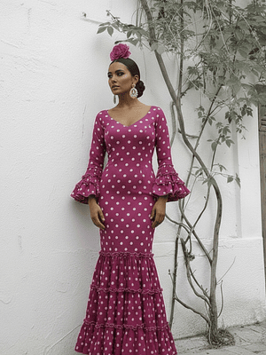 VESTIDO CARMEN FUCSIA LUNAR BLANCO MEDIANO