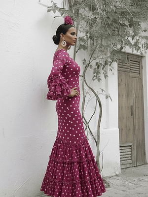 VESTIDO CARMEN FUCSIA LUNAR BLANCO MEDIANO