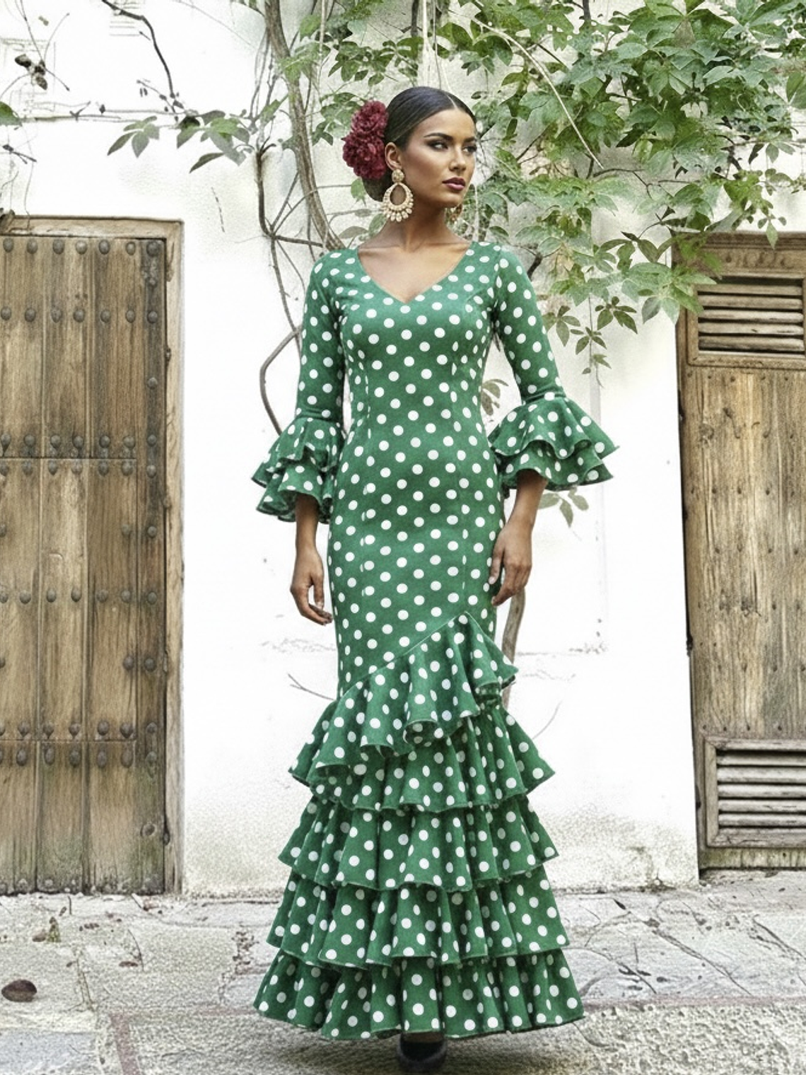 VESTIDO LUCÍA VERDE ANDALUCÍA LUNAR BLANCO GRANDE 1