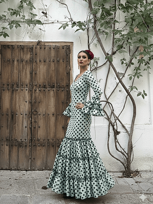 VESTIDO CARMEN VERDE JABONOSO LUNAR NEGRO