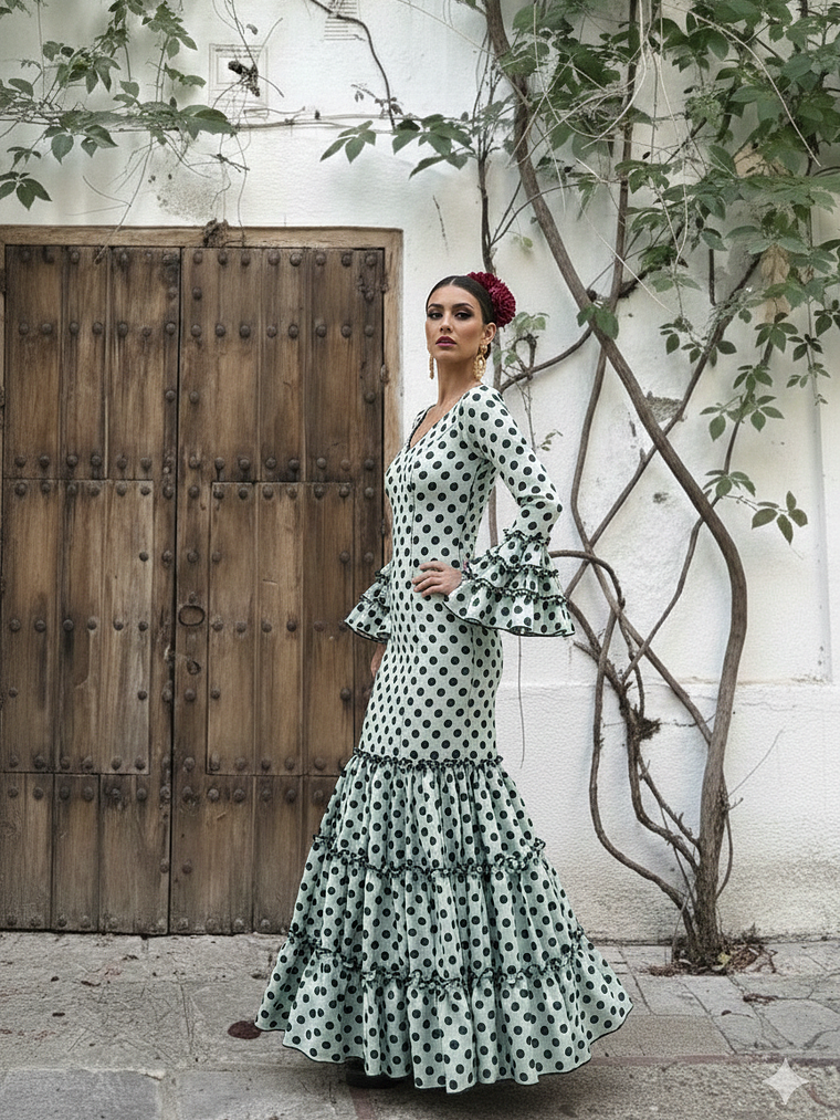VESTIDO CARMEN VERDE JABONOSO LUNAR NEGRO 2