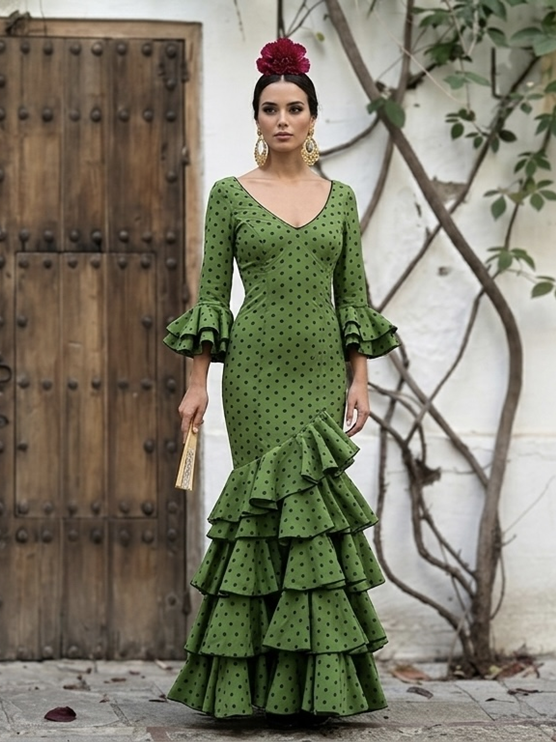 VESTIDO LUCÍA VERDE OLIVA LUNAR NEGRO 1
