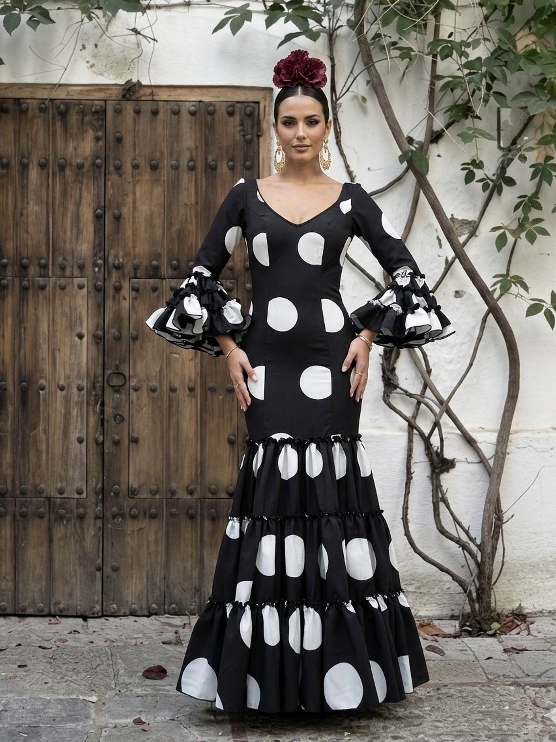 VESTIDO CARMEN NEGRO LUNAR BLANCO GALLETA 1