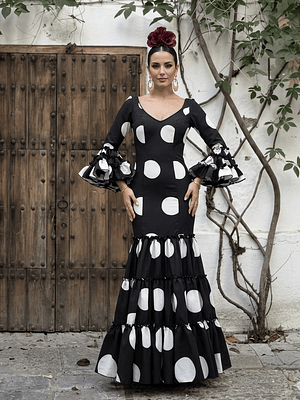 VESTIDO CARMEN NEGRO LUNAR BLANCO GALLETA