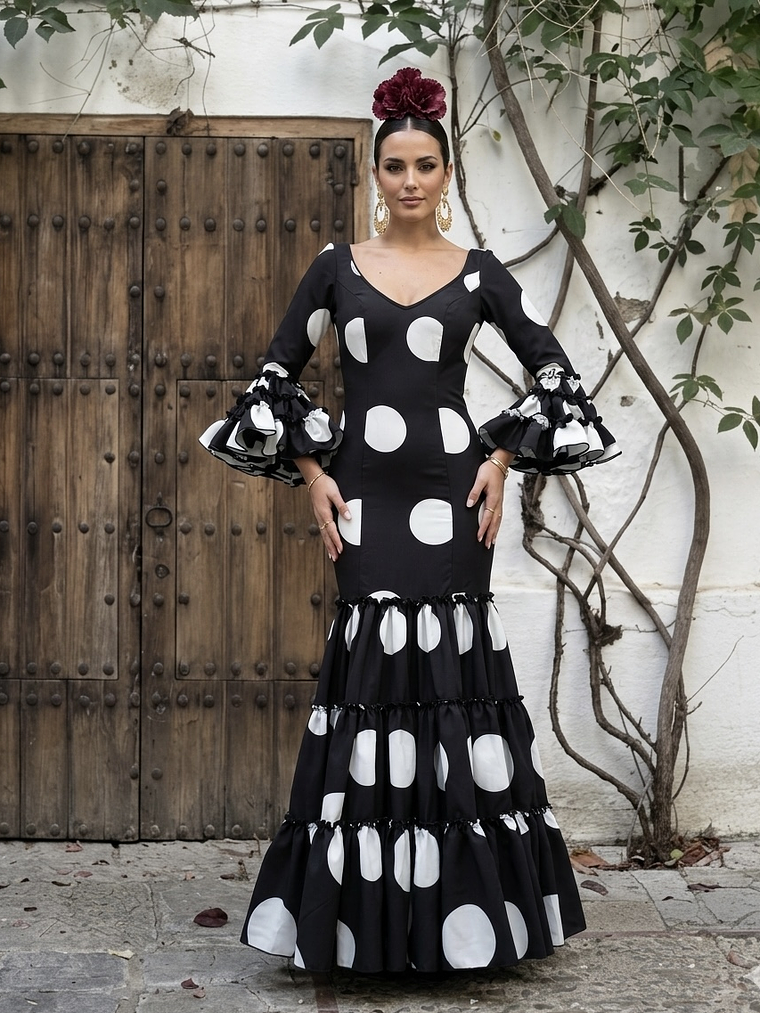 VESTIDO CARMEN NEGRO LUNAR BLANCO GALLETA 1