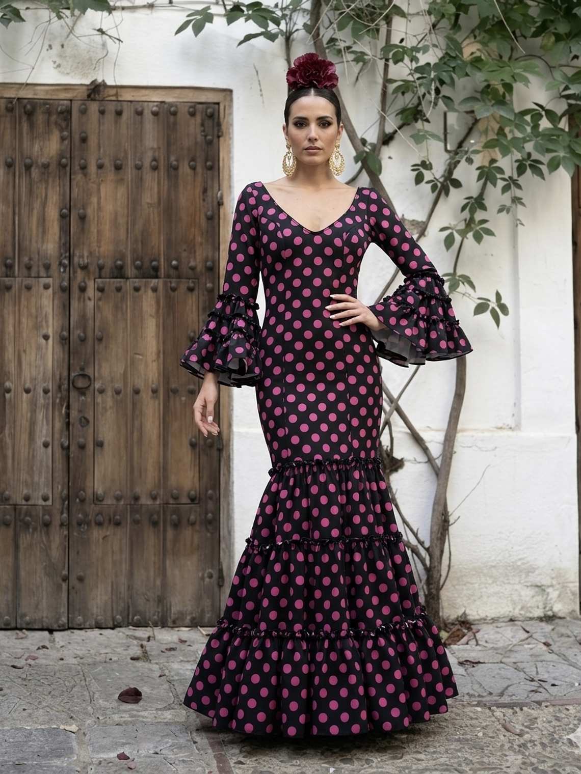 VESTIDO CARMEN NEGRO LUNAR ROSA GRANDE 1