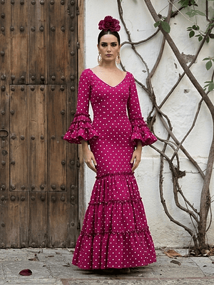 VESTIDO CARMEN FRAMBUESA LUNAR BLANCO PEQUEMEDIANO