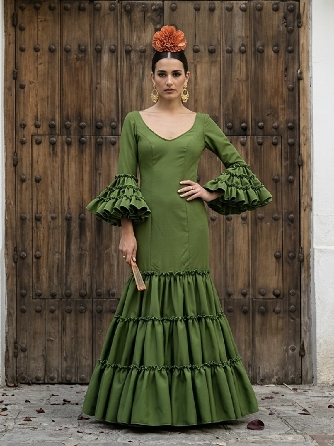 VESTIDO CARMEN VERDE OLIVA LISO 2