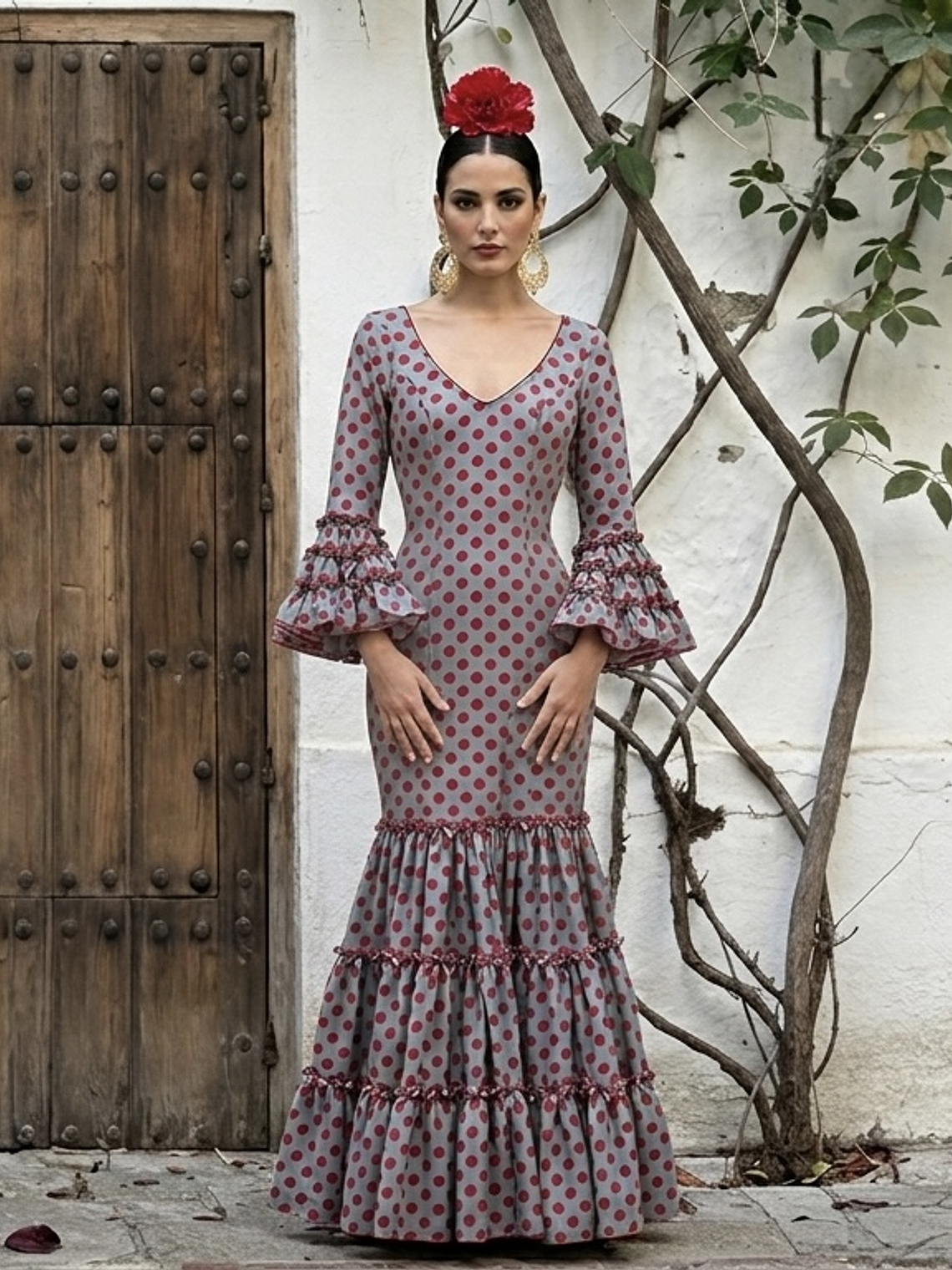 VESTIDO CARMEN GRIS LUNAR ROJO 1