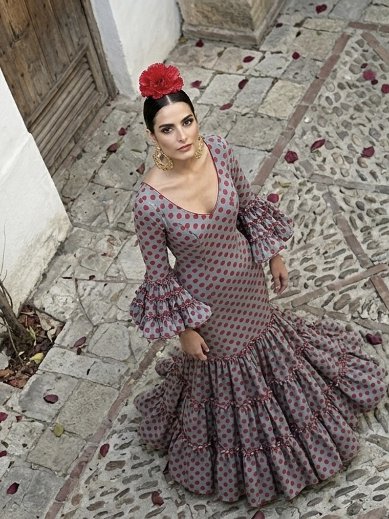 VESTIDO CARMEN GRIS LUNAR ROJO 2