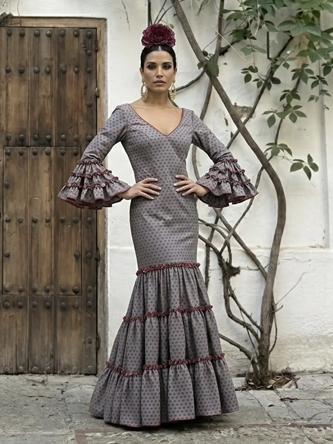 VESTIDO CARMEN GRIS LUNAR ROJO PEQUEÑO 1