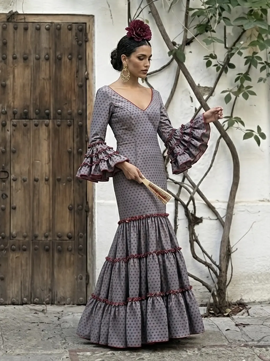 VESTIDO CARMEN GRIS LUNAR ROJO PEQUEÑO 2