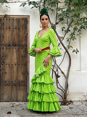 VESTIDO LUCÍA VERDE LIMÓN LUNAR VERDE BOTELLA