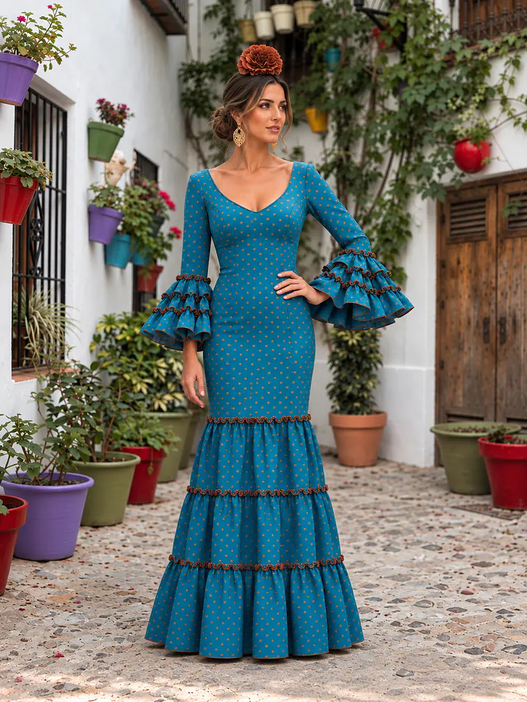 VESTIDO CARMEN AZUL PETROLEO LUNAR OCRE PEQUEÑO 1