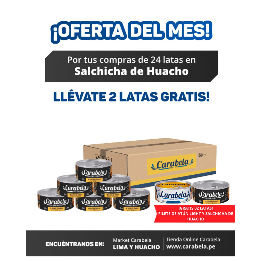  OFERTA DEL MES: Salchicha Huachana Carabela - Caja x24 + 2 latas GRATIS