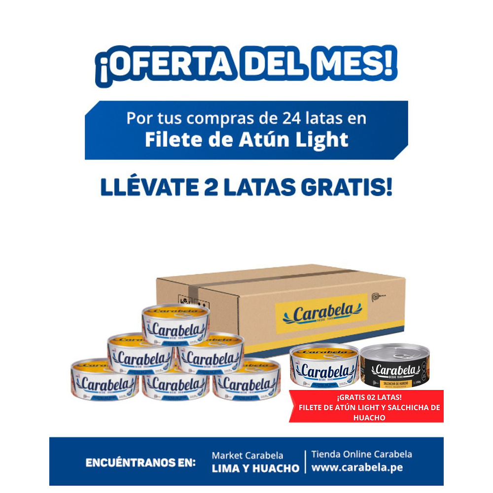  OFERTA DEL MES: Filetes de Atún en agua y sal Carabela - Caja x24 + 2 latas GRATIS