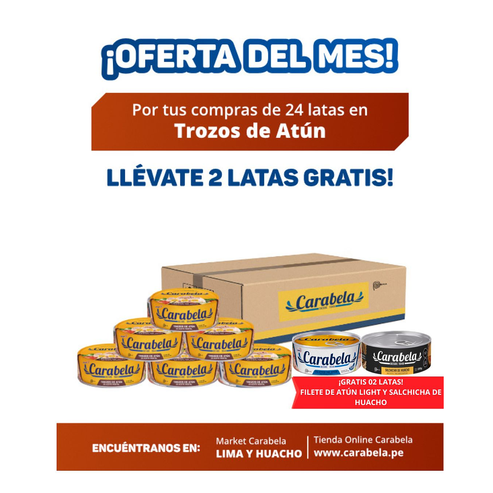 OFERTA DEL MES: Trozos de Atún en aceite vegetal Carabela - Caja x24 + 2 latas GRATIS