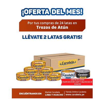 OFERTA DEL MES: Trozos de Atún en aceite vegetal Carabela - Caja x24 + 2 latas GRATIS