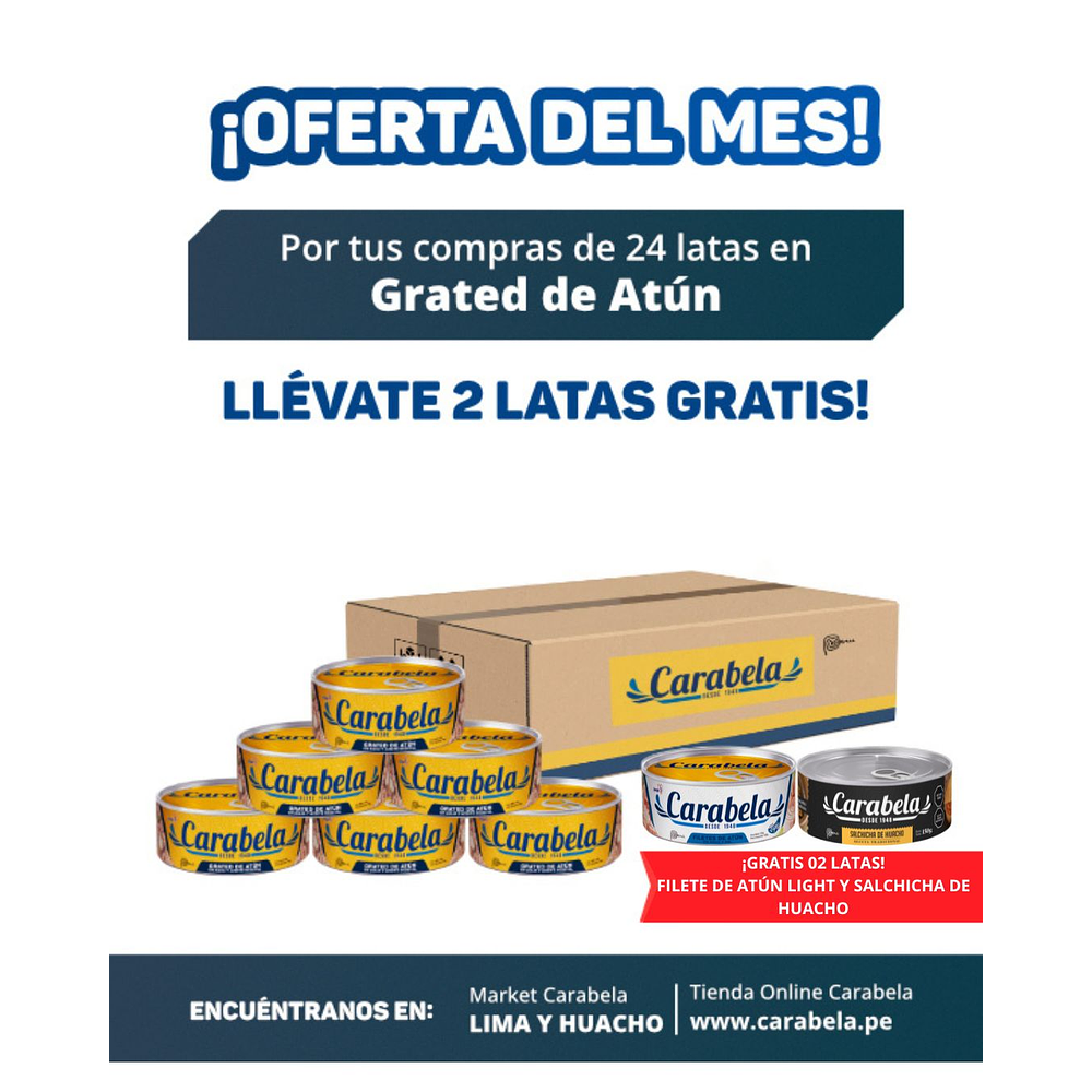OFERTA DEL MES: Grated de atún en aceite vegetal Carabela - Caja x24 + 2 latas GRATIS