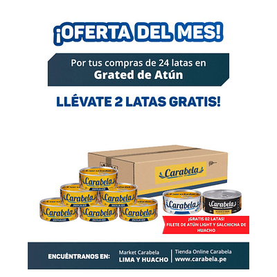 OFERTA DEL MES: Grated de atún en aceite vegetal Carabela - Caja x24 + 2 latas GRATIS