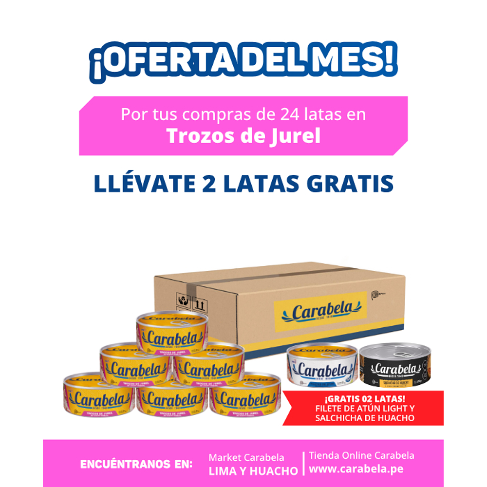  OFERTA DEL MES: Trozos de Jurel en aceite vegetal Carabela - Caja x24 + 2 latas GRATIS