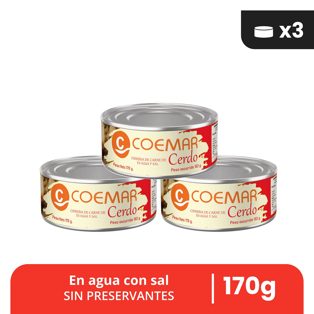 Conserva de Carne de Cerdo en agua y sal Pack x3
