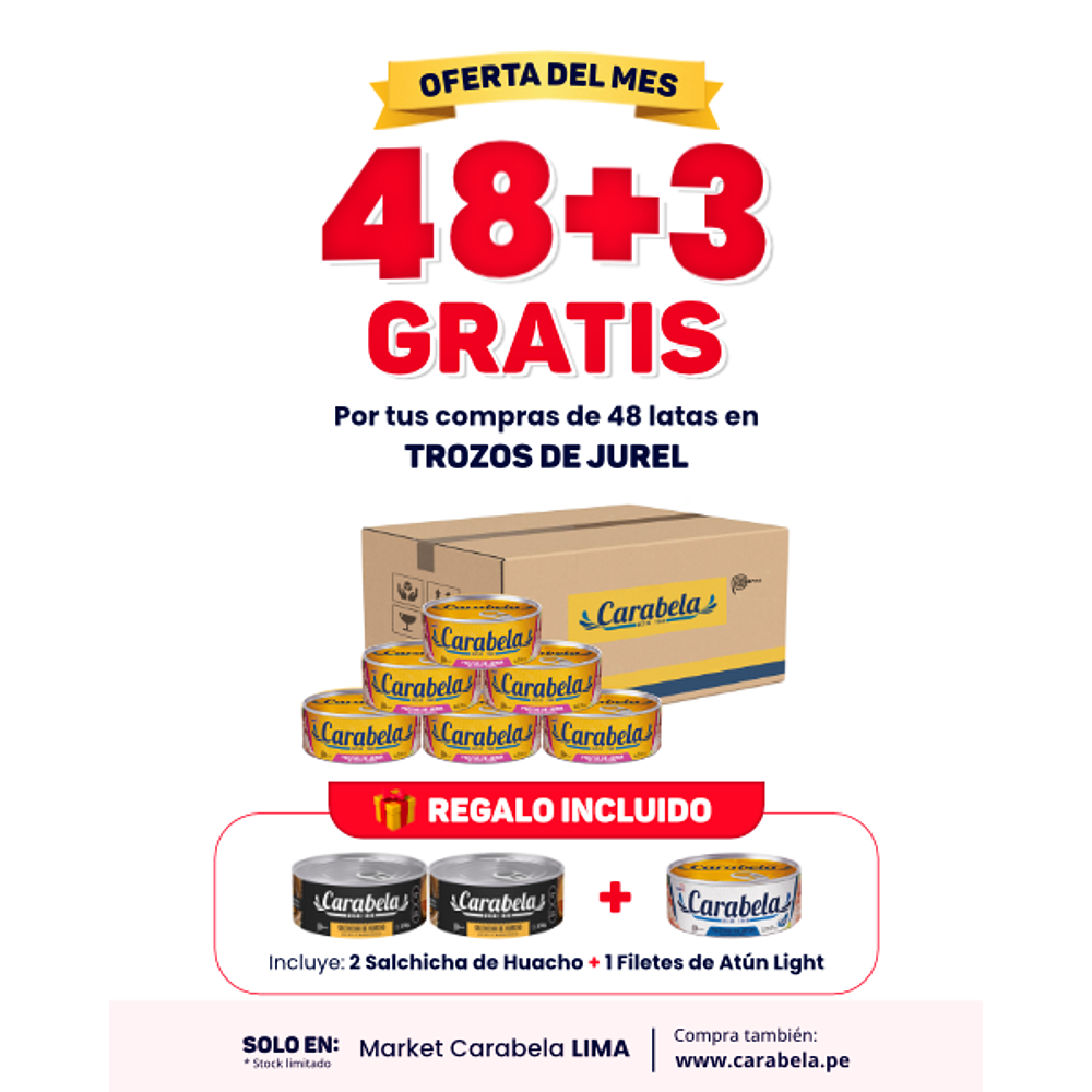 OFERTA DEL MES: Trozos de Jurel en aceite vegetal Carabela - Caja x48 + 3 latas GRATIS