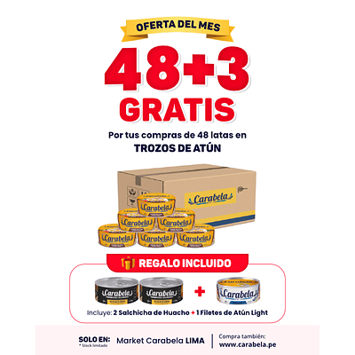 OFERTA DEL MES: Trozos de Atún en aceite vegetal Carabela - Caja x48 + 3 latas GRATIS