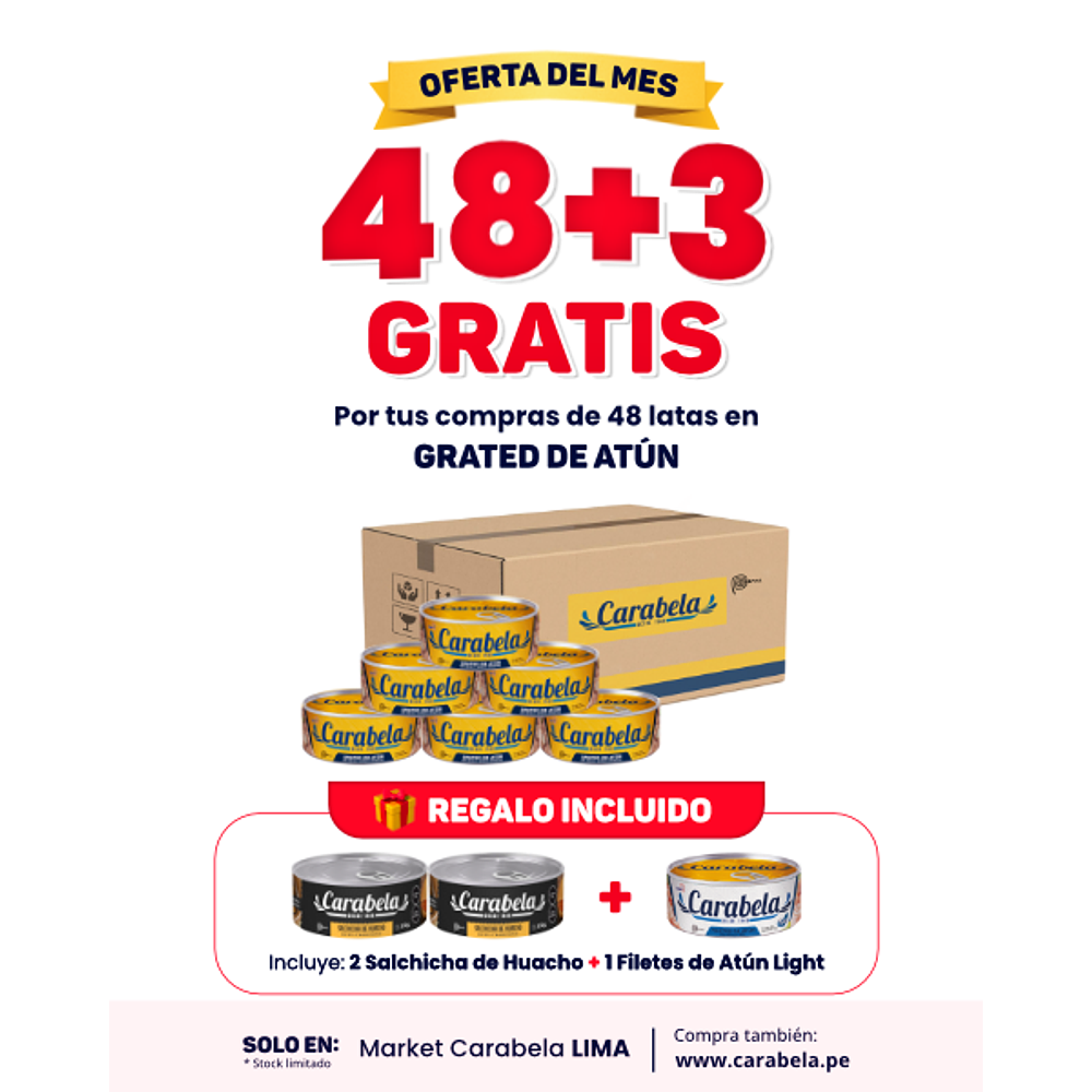 OFERTA DEL MES: Grated de atún en aceite vegetal Carabela - Caja x48 + 3 latas GRATIS